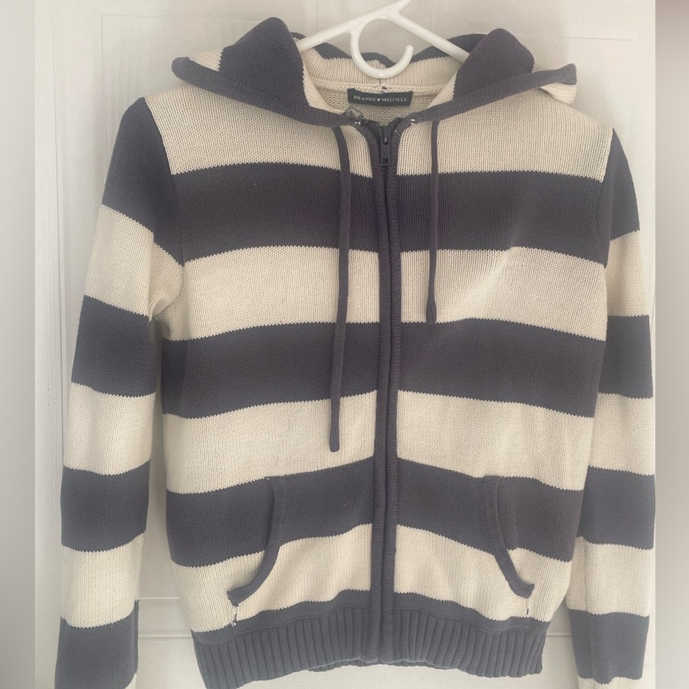 Brandy Melville Zip-Up Sweater - purple/blue and Cream Stripes